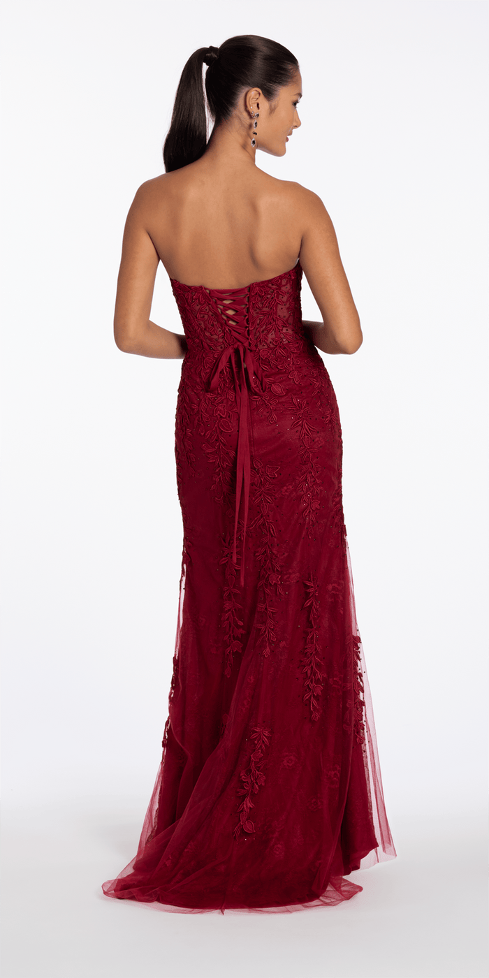 wine/size/4/missy/Camille La Vie/Strapless Mesh Applique Corset Column Dress with Side Slit/back