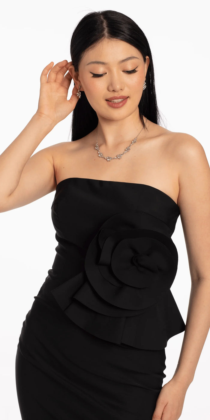black/size/4/missy/Camille La Vie/Strapless Midi Dress with Side Ruched Rose Detail/alt