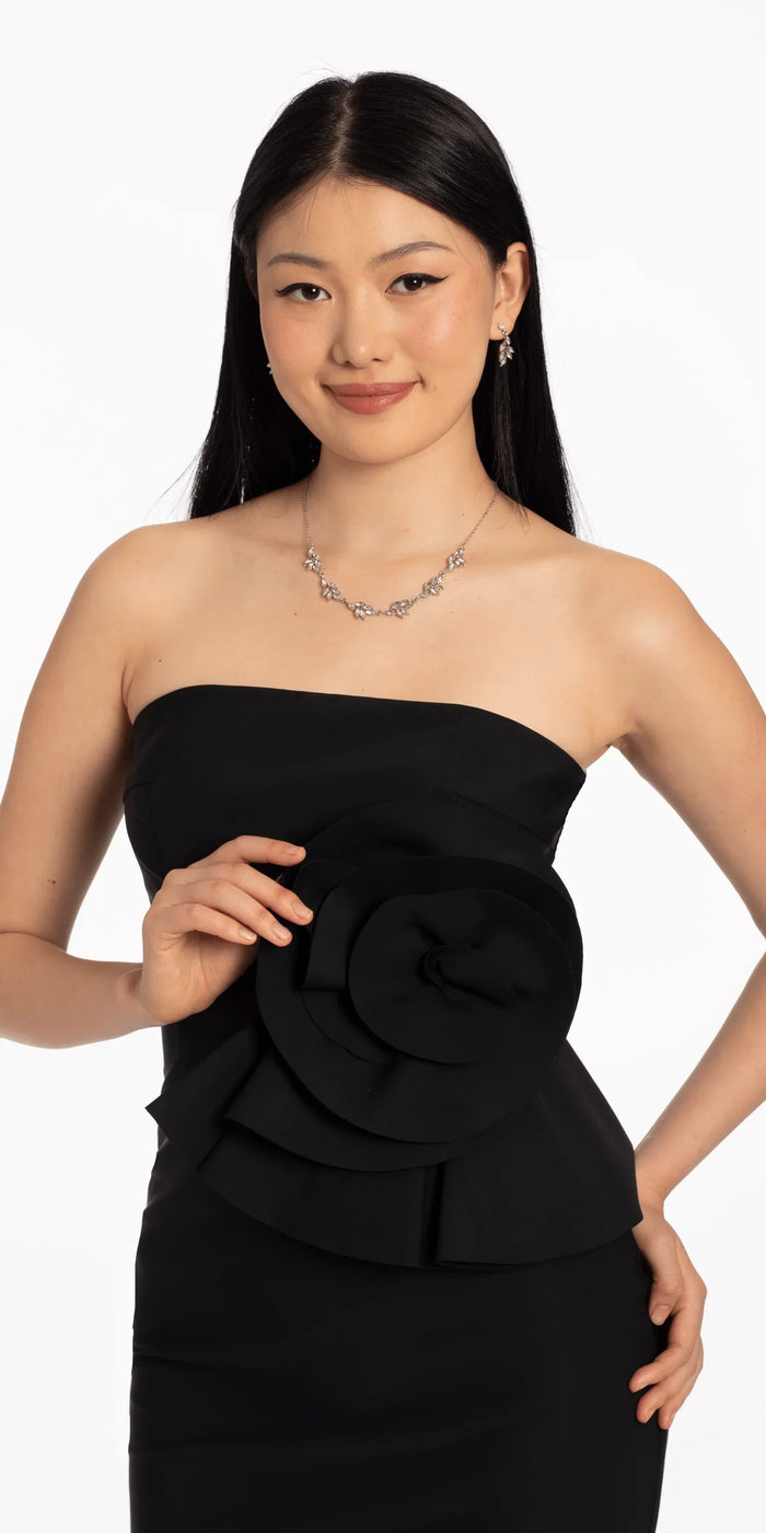 black/size/4/missy/Camille La Vie/Strapless Midi Dress with Side Ruched Rose Detail/close up alt
