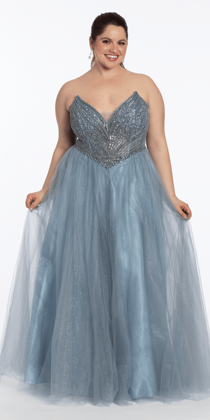 dusty-blue/size/14/plus/Camille La Vie/Strapless Pointed Beaded Corset Glitter Tulle Ballgown/front