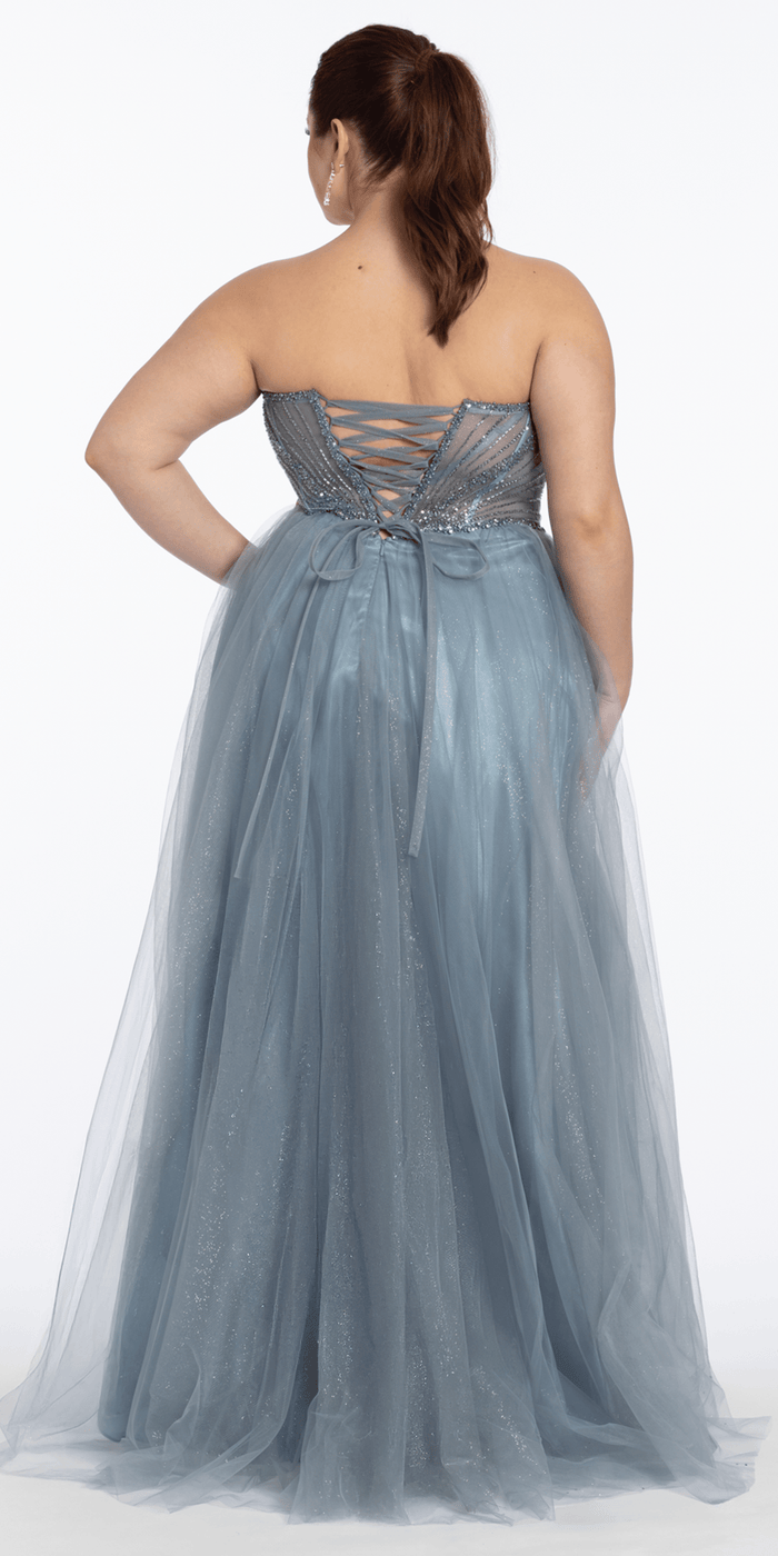 dusty-blue/size/14/plus/Camille La Vie/Strapless Pointed Beaded Corset Glitter Tulle Ballgown/back