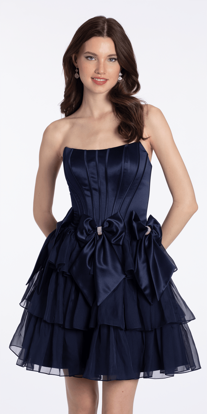 navy/size/4/missy/Camille La Vie/Camille La Vie /Strapless Satin and Chiffon Fit and Flare Dress with Bows/front