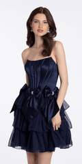 Camille La Vie Strapless Satin and Chiffon Fit and Flare Dress with Bows missy / 0 / navy