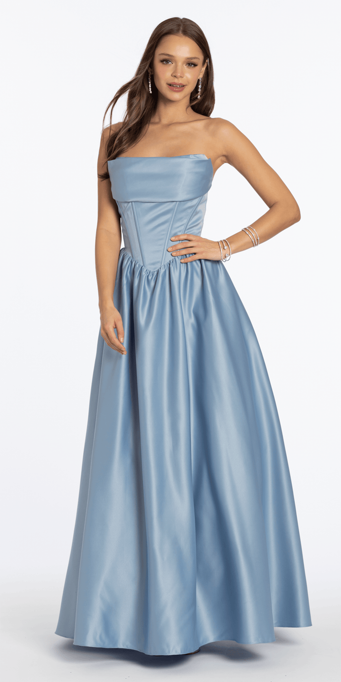 dusty-blue/size/4/missy/Camille La Vie/Strapless Satin Cowl Corset Lace Up Back Ballgown /front