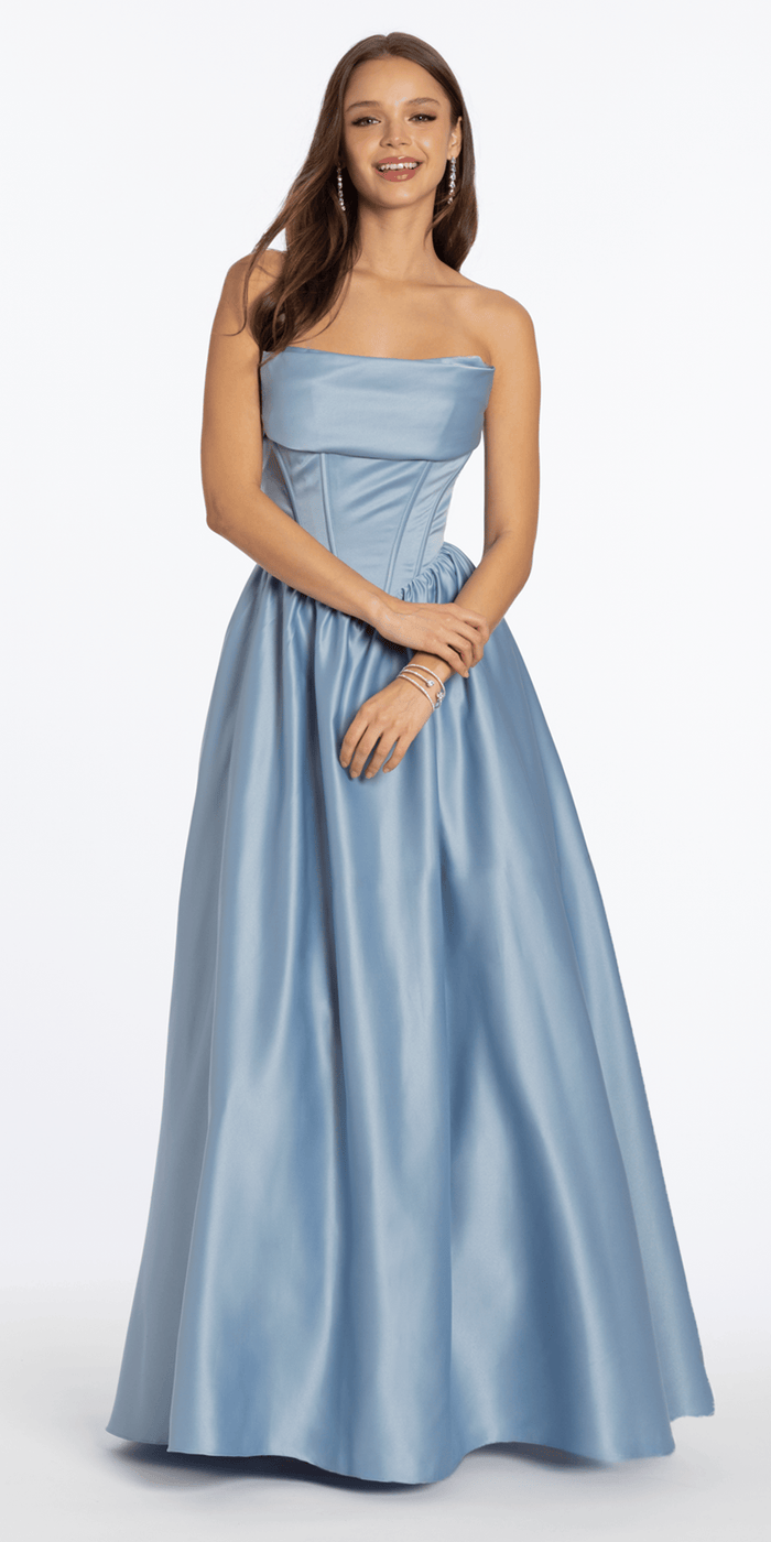 dusty-blue/size/4/missy/Camille La Vie/Strapless Satin Cowl Corset Lace Up Back Ballgown /front alt