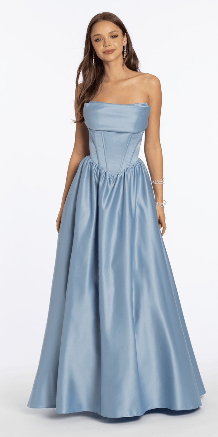 dusty-blue/size/4/missy/Camille La Vie/Strapless Satin Cowl Corset Lace Up Back Ballgown /front alt 2
