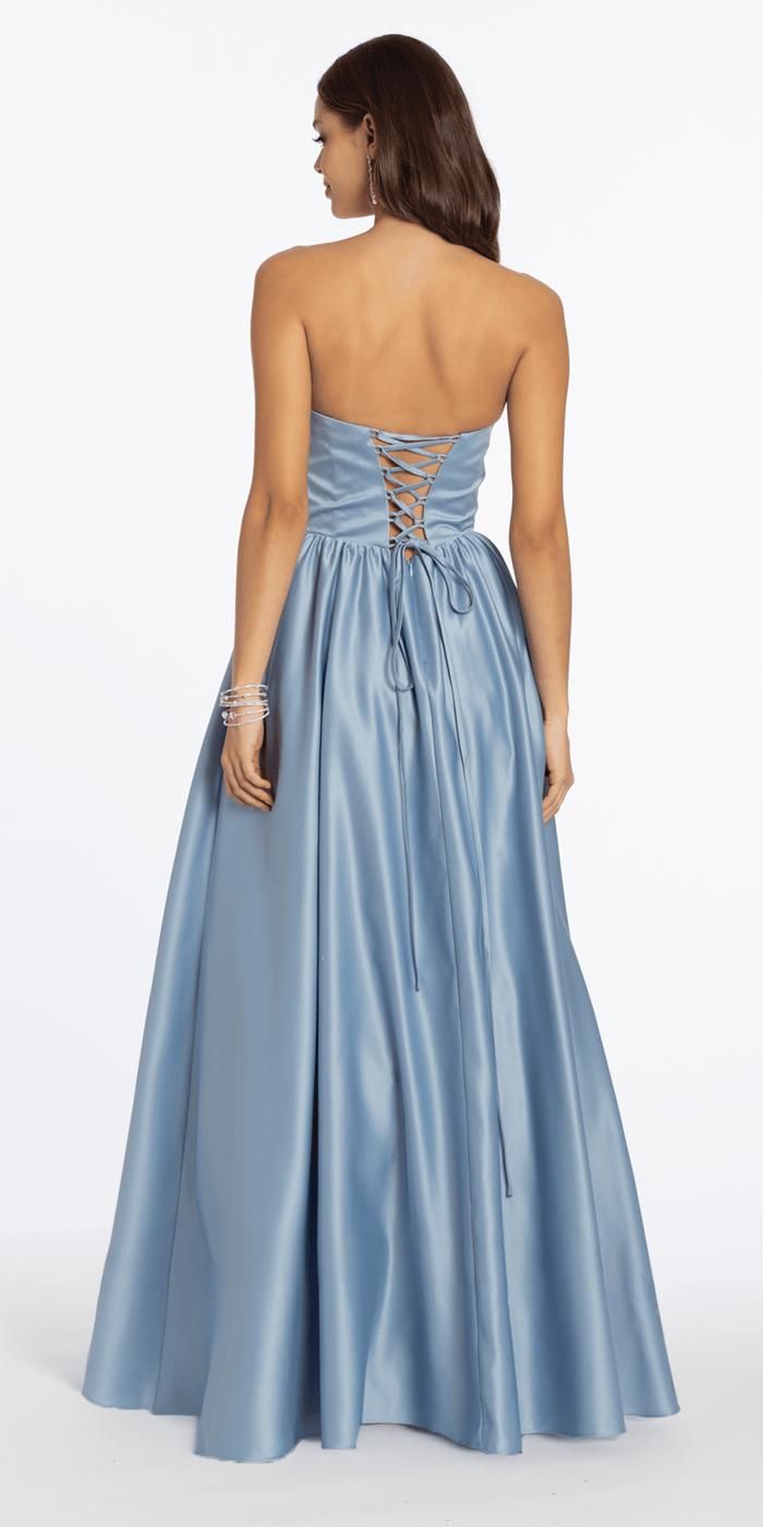 dusty-blue/size/4/missy/Camille La Vie/Strapless Satin Cowl Corset Lace Up Back Ballgown /back