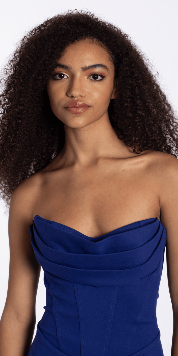 cobalt-blue/size/4/missy/Camille La Vie/Strapless Scuba Drape Corset Bodycon Dress/close up