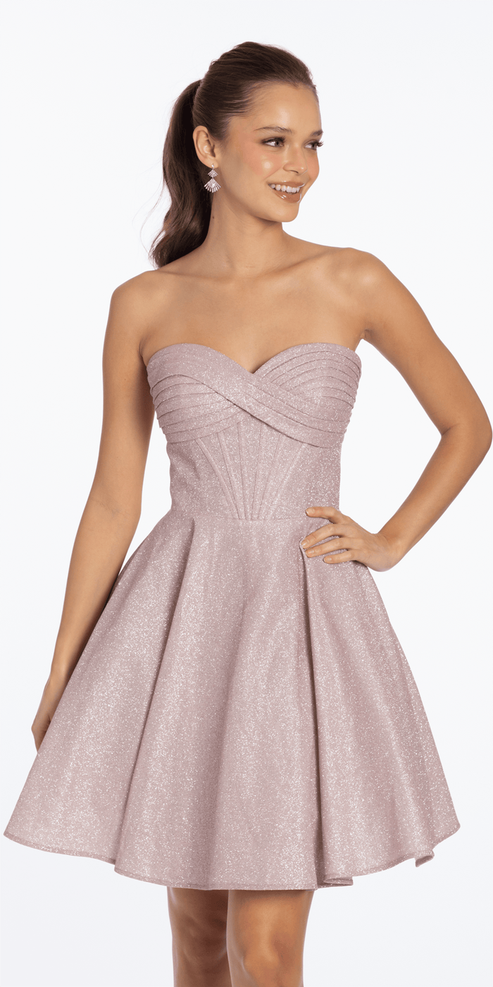 rose/size/2/missy/Camille La Vie /Strapless Shimmer Cris Cross Corset Fit and Flare Dress/front 2