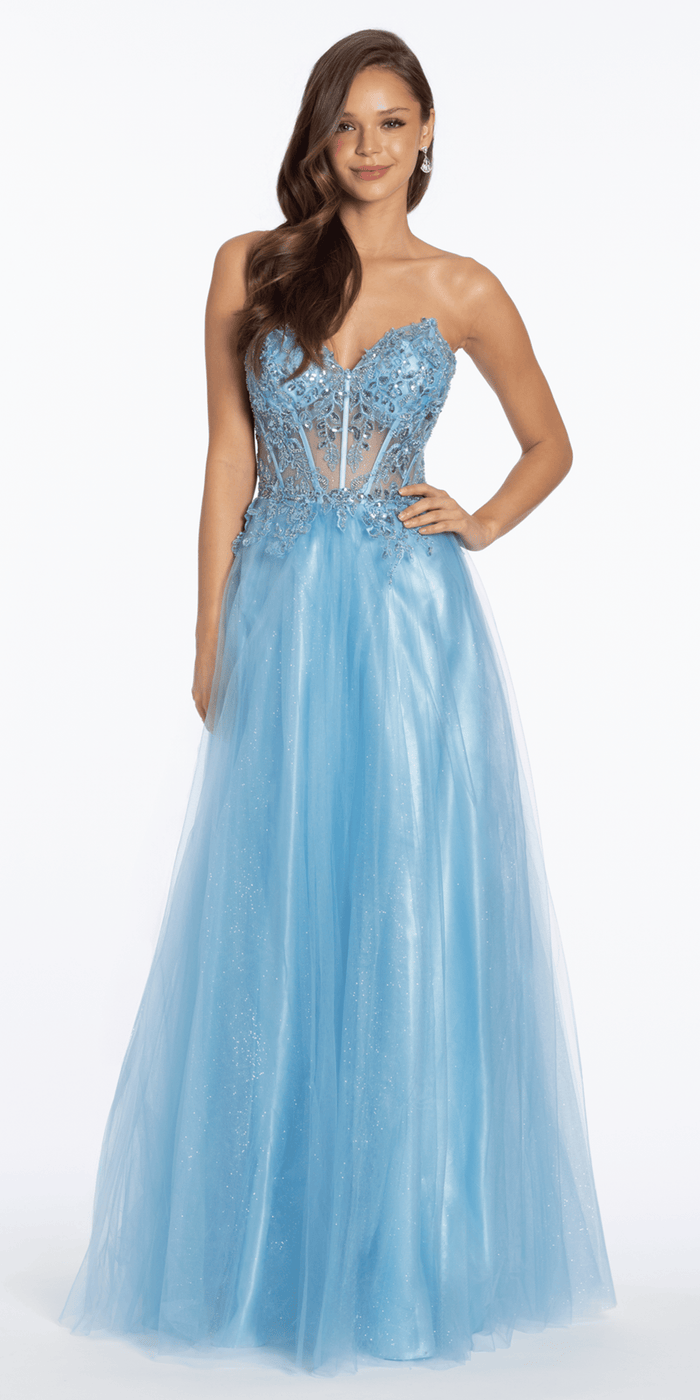 light-blue/size/4/ missy/Camille La Vie/Strapless Sweetheart Glitter Tulle Corset Ballgown/front