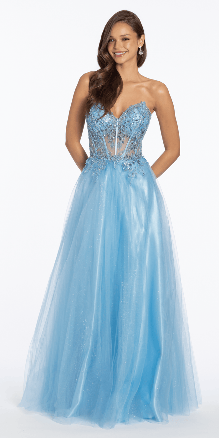 light-blue/size/4/ missy/Camille La Vie/Strapless Sweetheart Glitter Tulle Corset Ballgown/front alt
