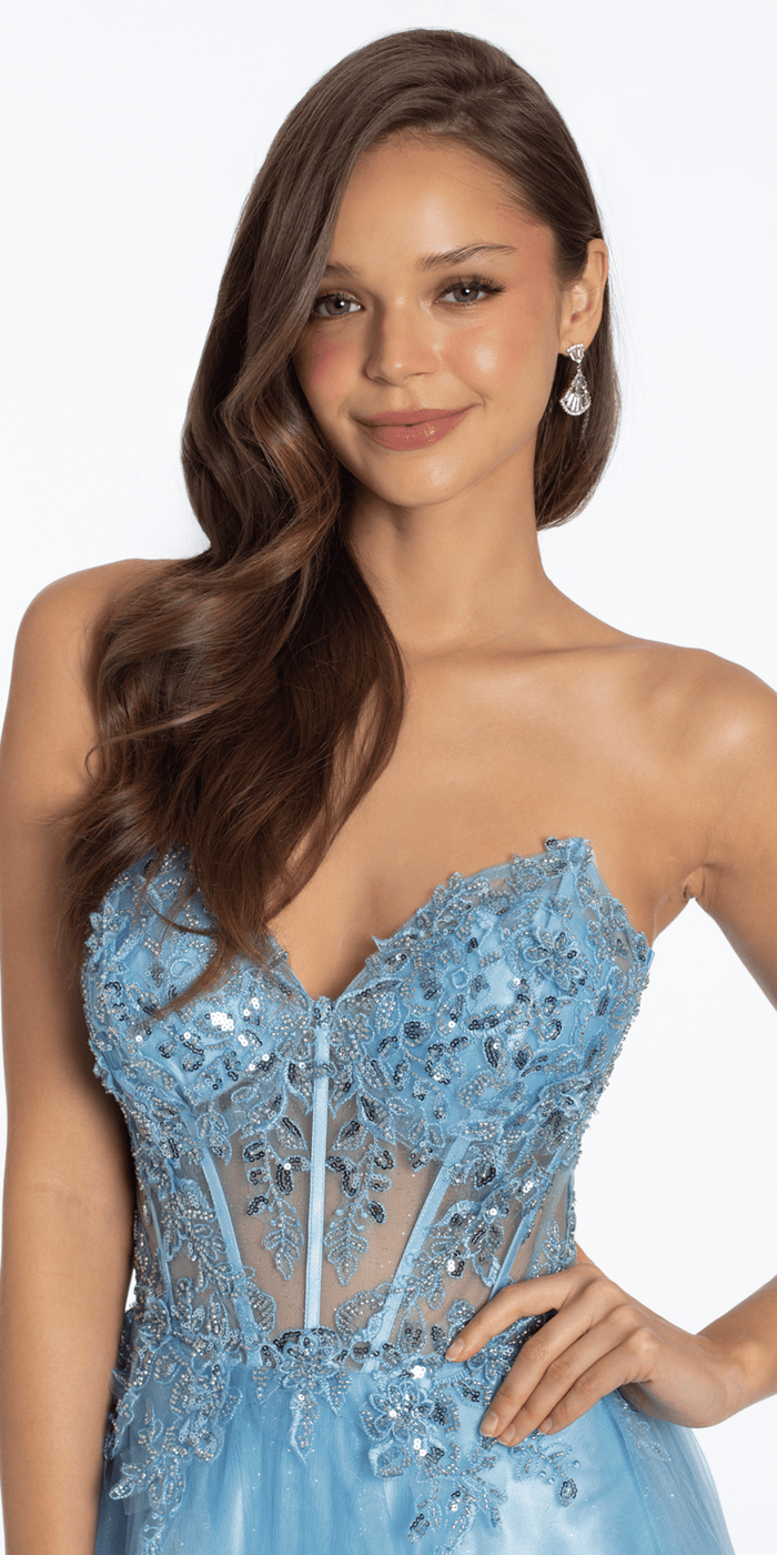 light-blue/size/4/ missy/Camille La Vie/Strapless Sweetheart Glitter Tulle Corset Ballgown/close up 2