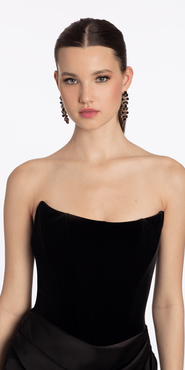 hunter-green/size/2/missy/Camille La Vie/Strapless Velvet Corset Satin Column Dress with Ruching /close up