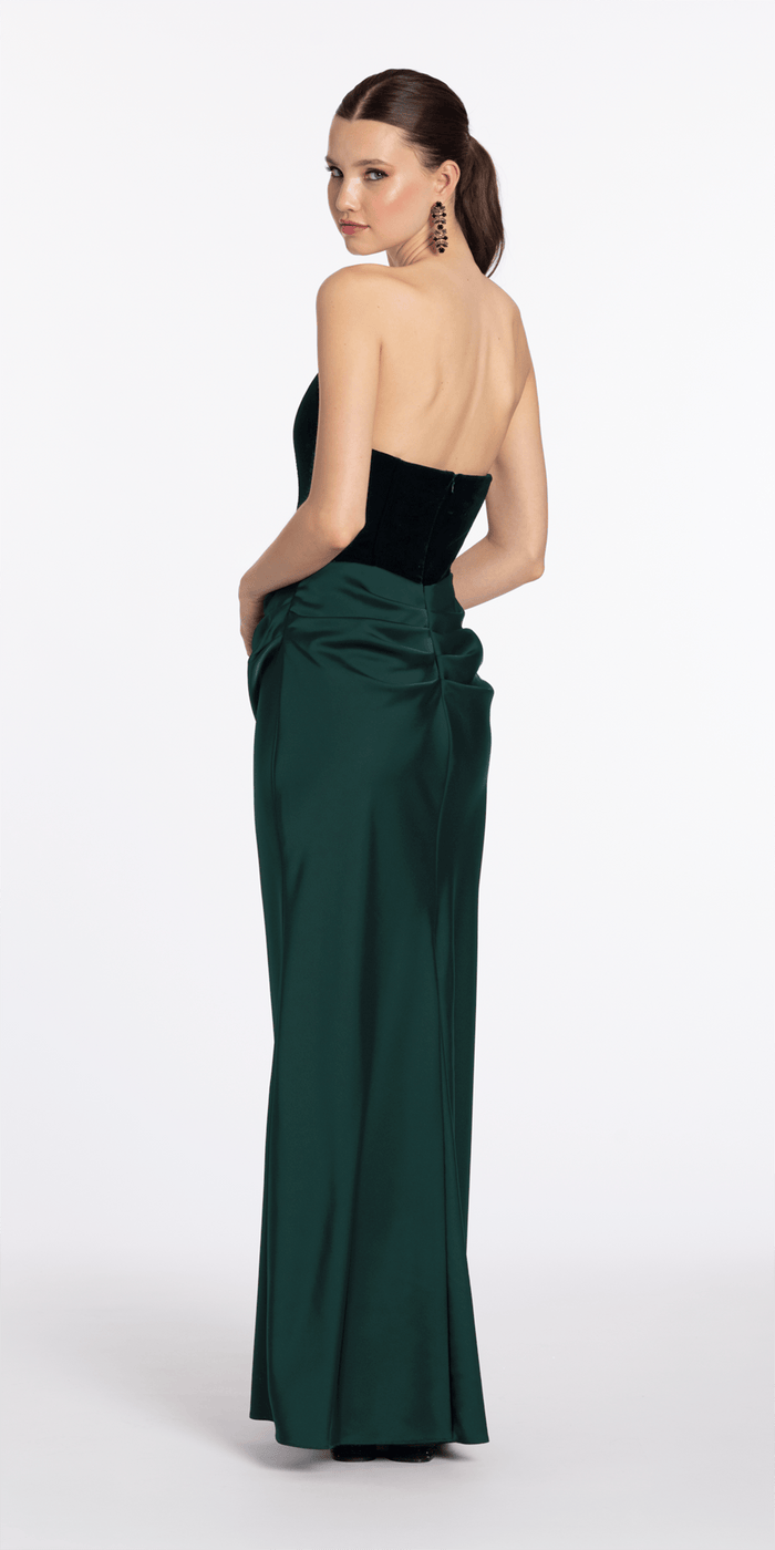 Camille La Vie Strapless Velvet Corset Satin Column Dress with Ruching