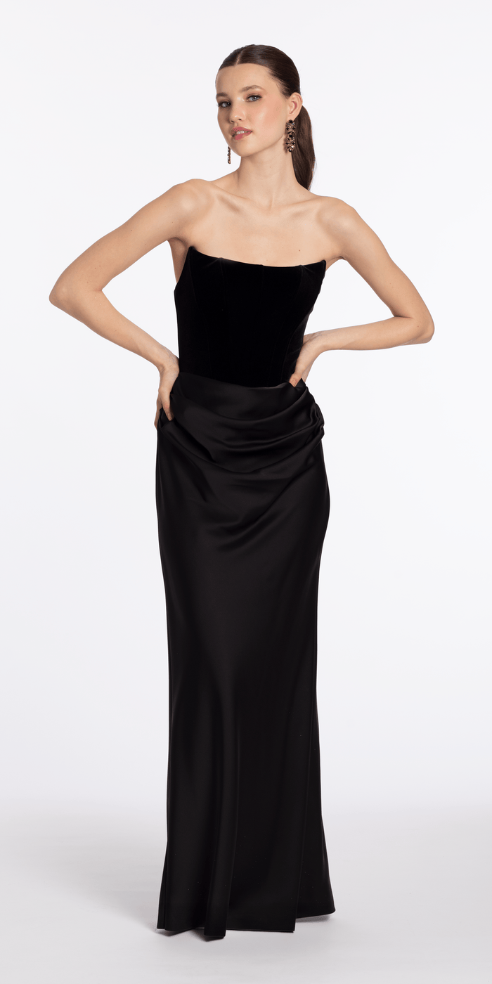 black/size/2/missy/Camille La Vie/Strapless Velvet Corset Satin Column Dress with Ruching /front