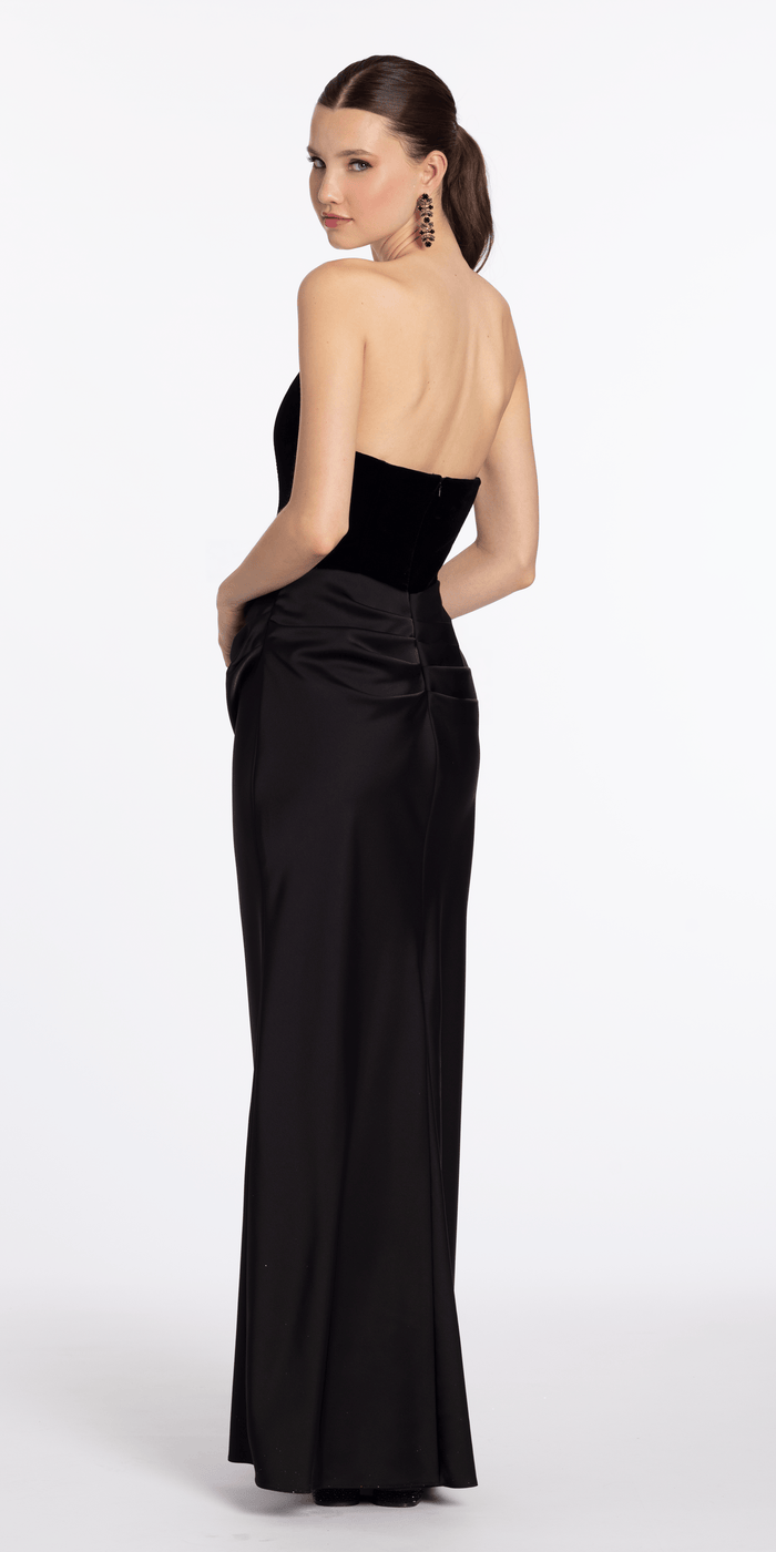 black/size/2/missy/Camille La Vie/Strapless Velvet Corset Satin Column Dress with Ruching /back