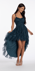 Camille La Vie Strappy Back Glitter Mesh High Low Dress with Tendrils junior / 2 / teal