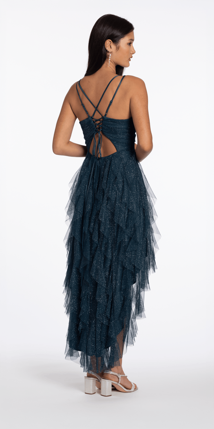 Camille La Vie Strappy Back Glitter Mesh High Low Dress with Tendrils