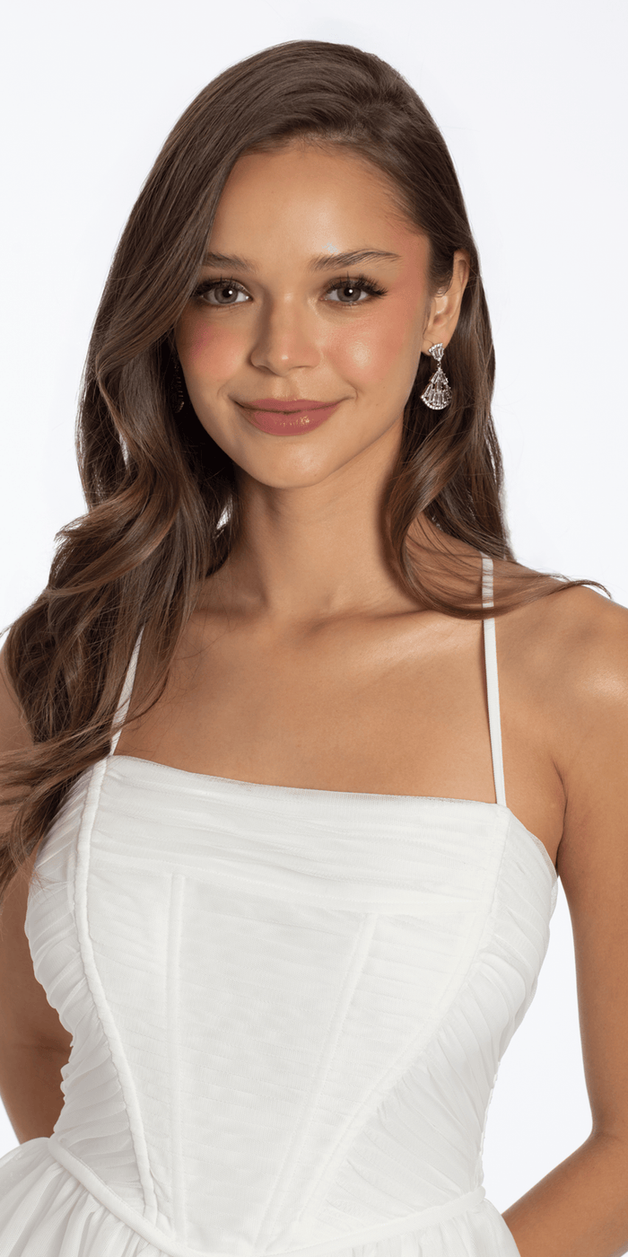 ivory/size/s/missy/Camille La Vie/Strappy Back Mesh Tiered Corset Fit and Flare Dress/close up