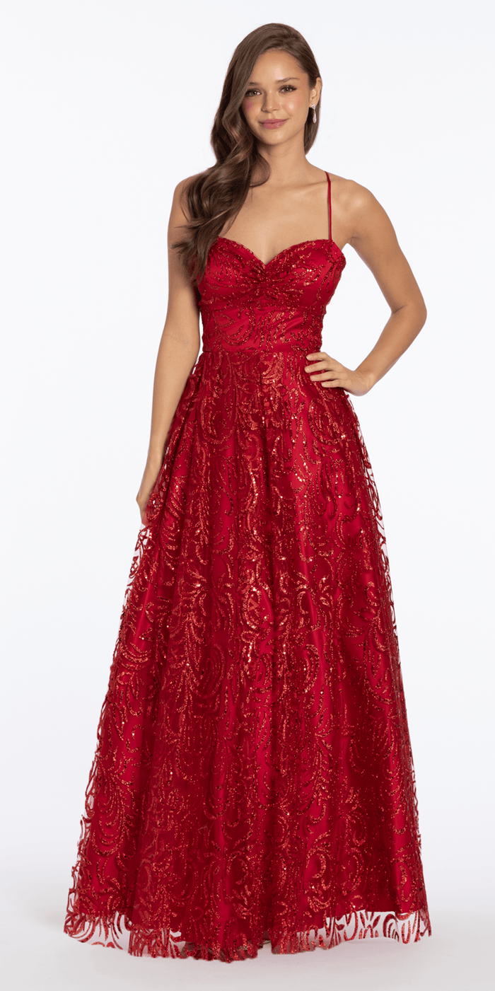 red/ size/4/ missy/Camille La Vie/Strappy Back Pinched Sweetheart Glitter Mesh Ballgown with Pockets /front