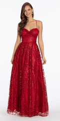 red/ size/4/ missy/Camille La Vie/Strappy Back Pinched Sweetheart Glitter Mesh Ballgown with Pockets /front alt