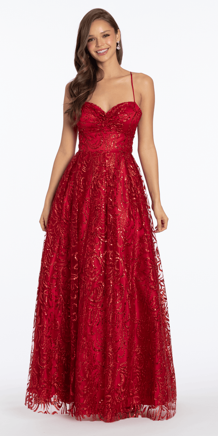 red/ size/4/ missy/Camille La Vie/Strappy Back Pinched Sweetheart Glitter Mesh Ballgown with Pockets /front alt