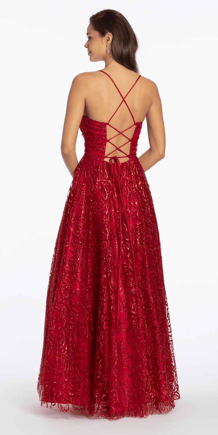 red/ size/4/ missy/Camille La Vie/Strappy Back Pinched Sweetheart Glitter Mesh Ballgown with Pockets /back