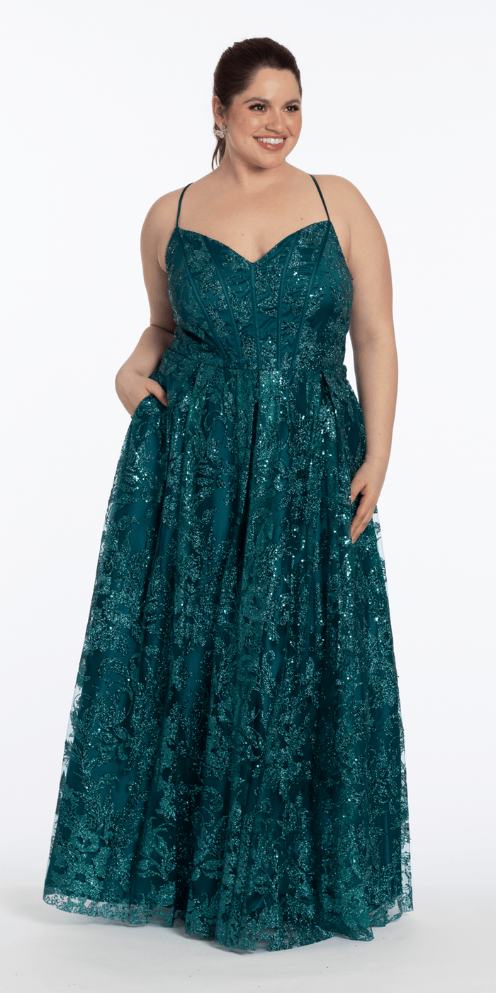 teal/size/14/plus/Camille La Vie/Strappy Back V Neck Glitter Mesh Ballgown with Pockets /front