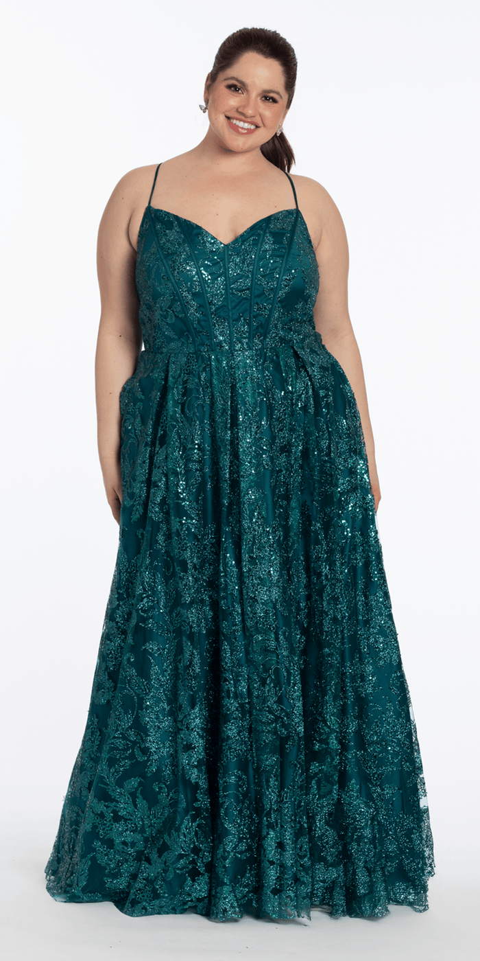 teal/size/14/plus/Camille La Vie/Strappy Back V Neck Glitter Mesh Ballgown with Pockets /front alt