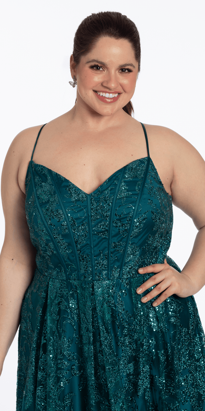 teal/size/14/plus/Camille La Vie/Strappy Back V Neck Glitter Mesh Ballgown with Pockets /close up