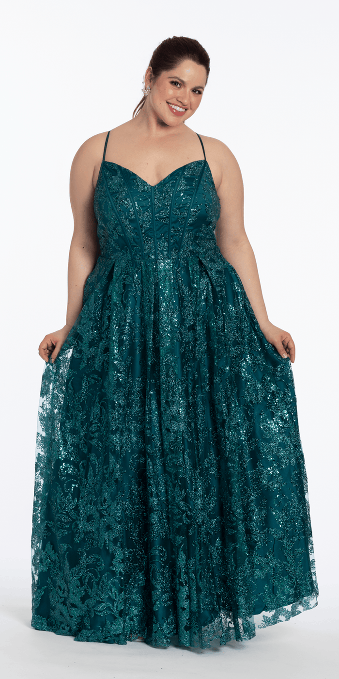 Strappy Back V Neck Glitter Mesh Ballgown with Pockets - Camille La Vie