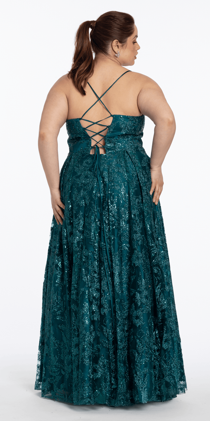 Strappy Back V Neck Glitter Mesh Ballgown with Pockets - Camille La Vie