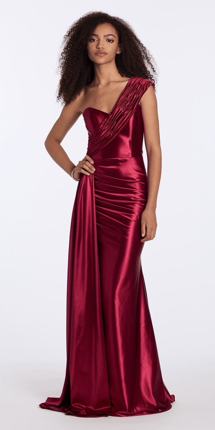 burgundy/size/2/missy/Camille La Vie/Stretch Satin One Shoulder Column Dress with Cascade/front alt