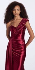 burgundy/size/2/missy/Camille La Vie/Stretch Satin One Shoulder Column Dress with Cascade/closeup