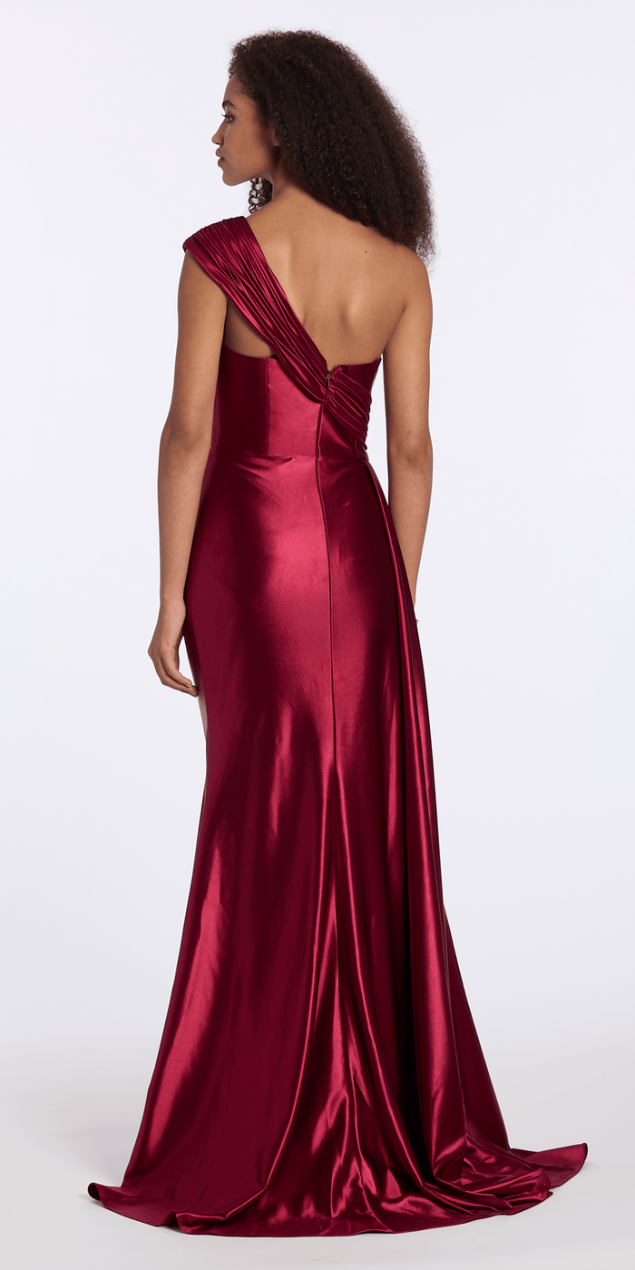 burgundy/size/2/missy/Camille La Vie/Stretch Satin One Shoulder Column Dress with Cascade/back