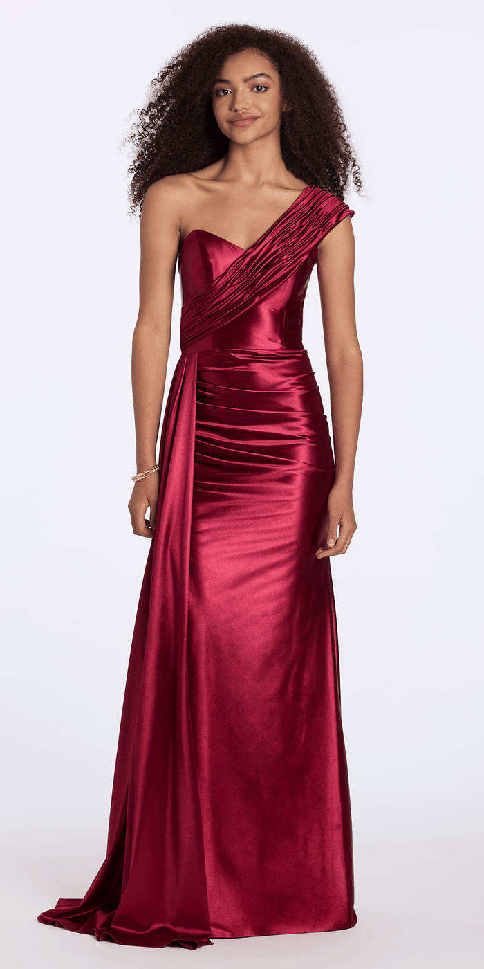 burgundy/size/2/missy/Camille La Vie/Stretch Satin One Shoulder Column Dress with Cascade/front