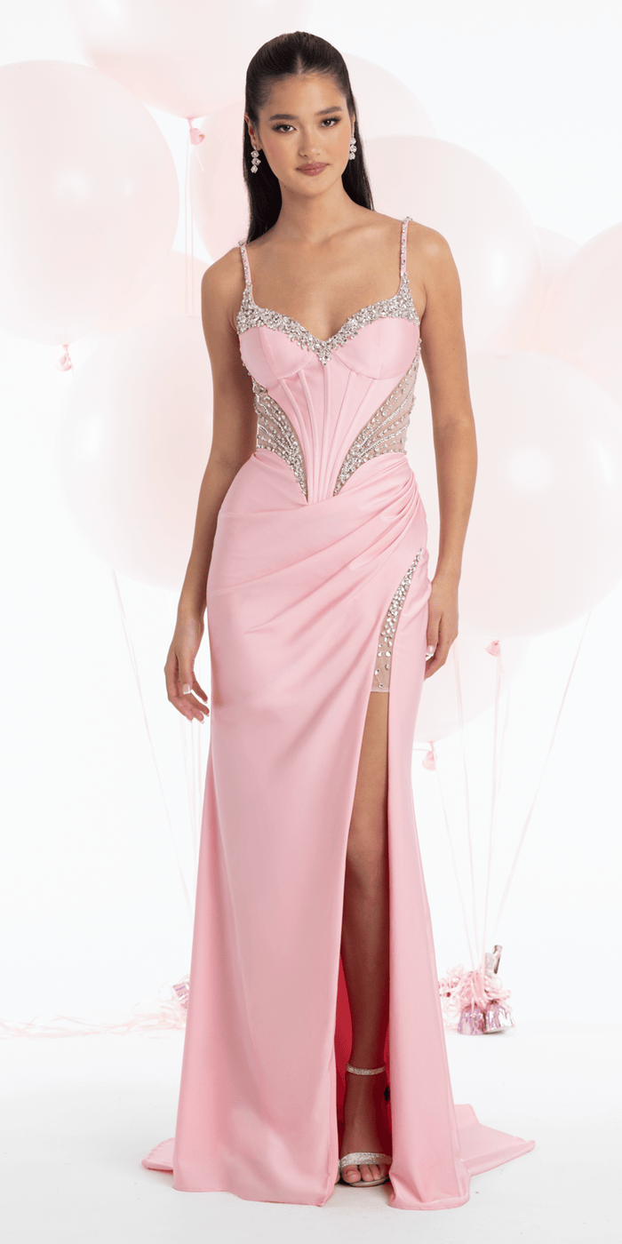 Stretch Satin Sweetheart Corset Column Dress with Rhinestone Detail - Camille La Vie