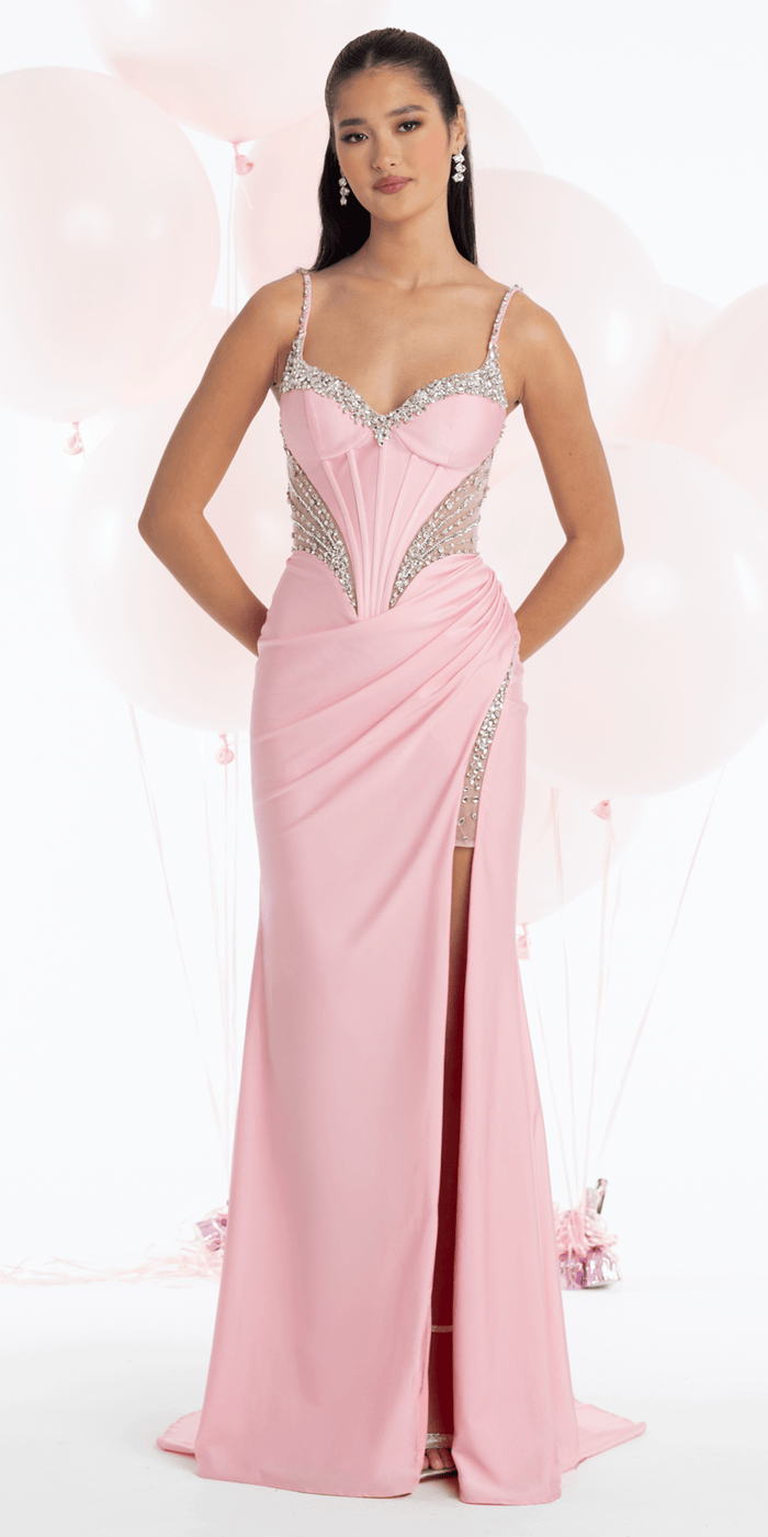 Stretch Satin Sweetheart Corset Column Dress with Rhinestone Detail - Camille La Vie