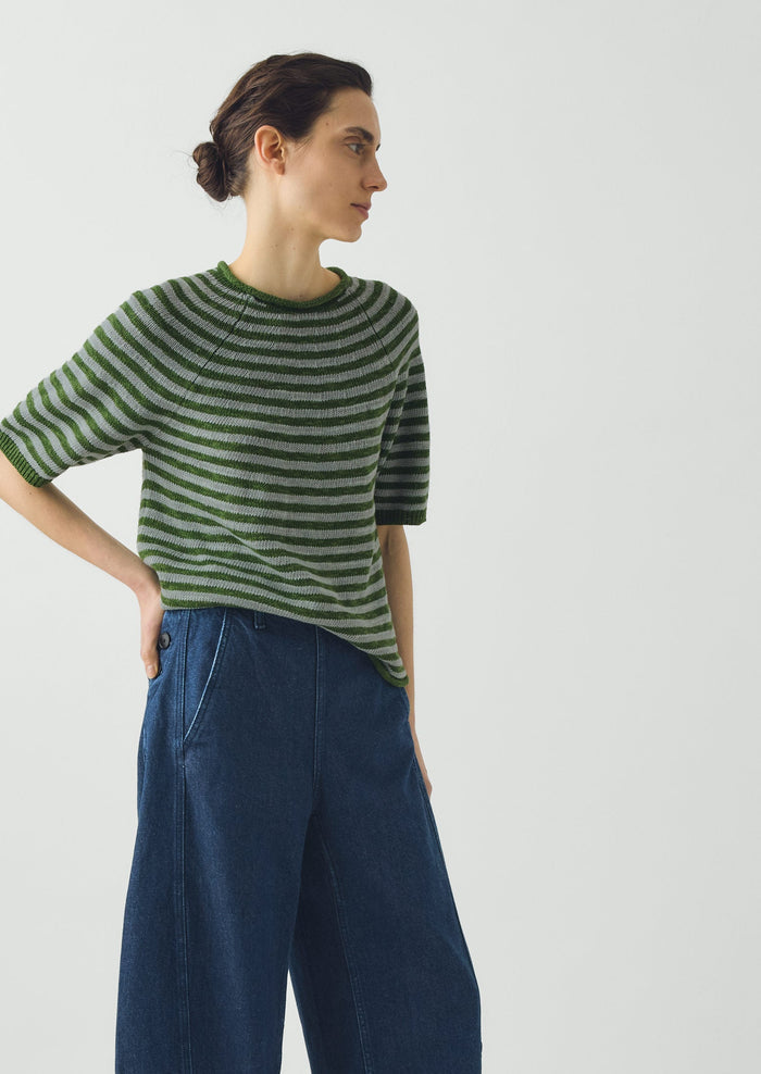 Stripe Linen Cotton Knitted Tee | Croft Green/Egg Shell