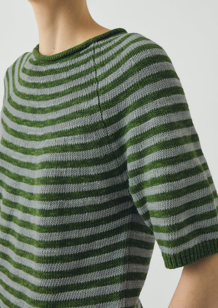 Stripe Linen Cotton Knitted Tee | Croft Green/Egg Shell