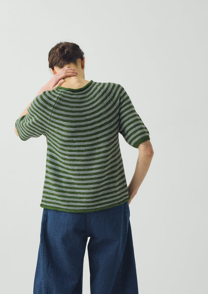 Stripe Linen Cotton Knitted Tee | Croft Green/Egg Shell
