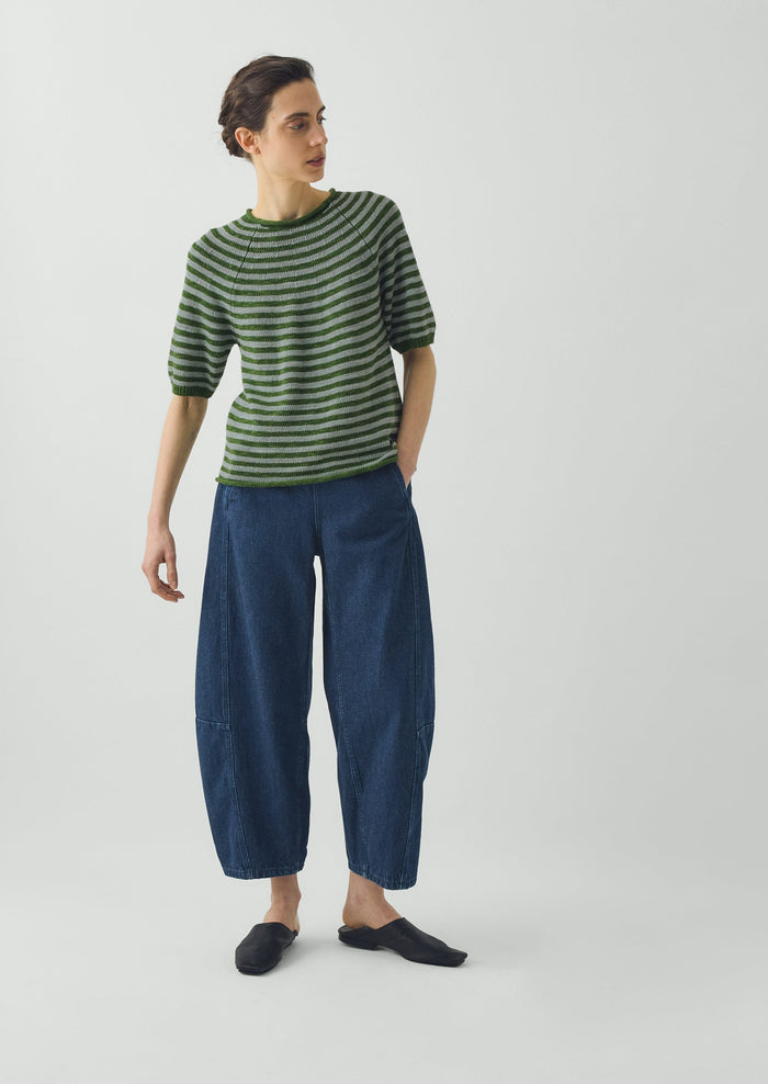 Stripe Linen Cotton Knitted Tee | Croft Green/Egg Shell
