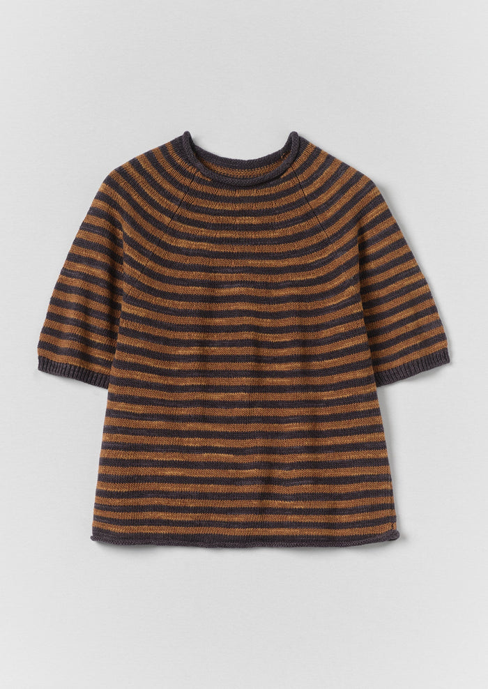 Stripe Linen Cotton Knitted Tee | Graphite Blue/Copper