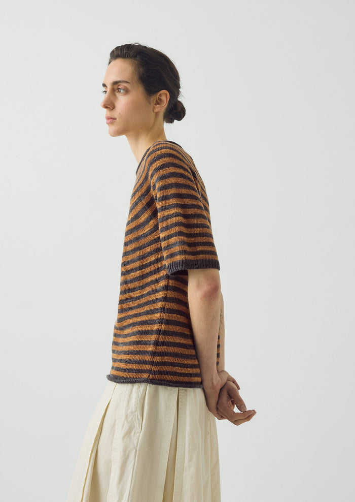 Stripe Linen Cotton Knitted Tee | Graphite Blue/Copper