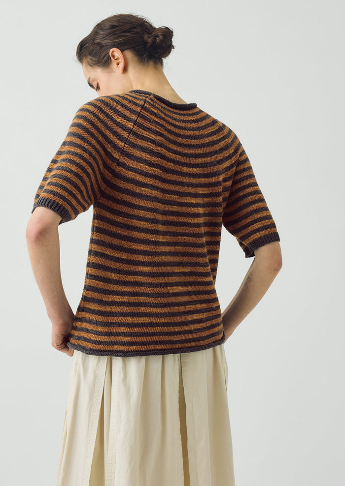 Stripe Linen Cotton Knitted Tee | Graphite Blue/Copper