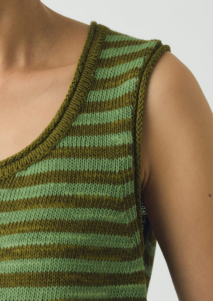 Stripe Linen Cotton Knitted Vest | Green Olive/Verde