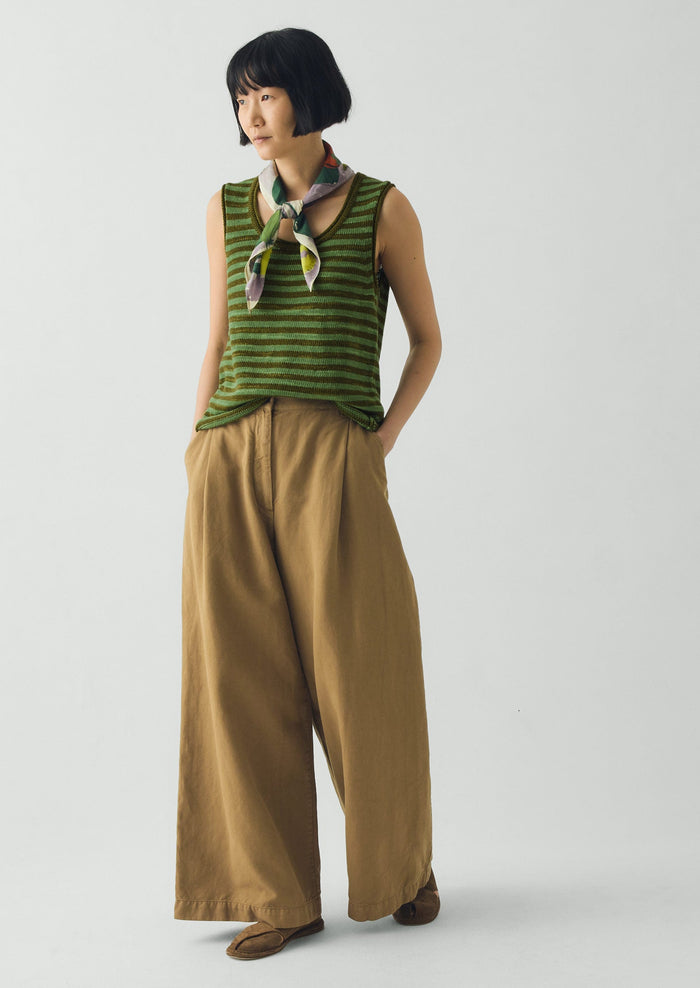 Stripe Linen Cotton Knitted Vest | Green Olive/Verde