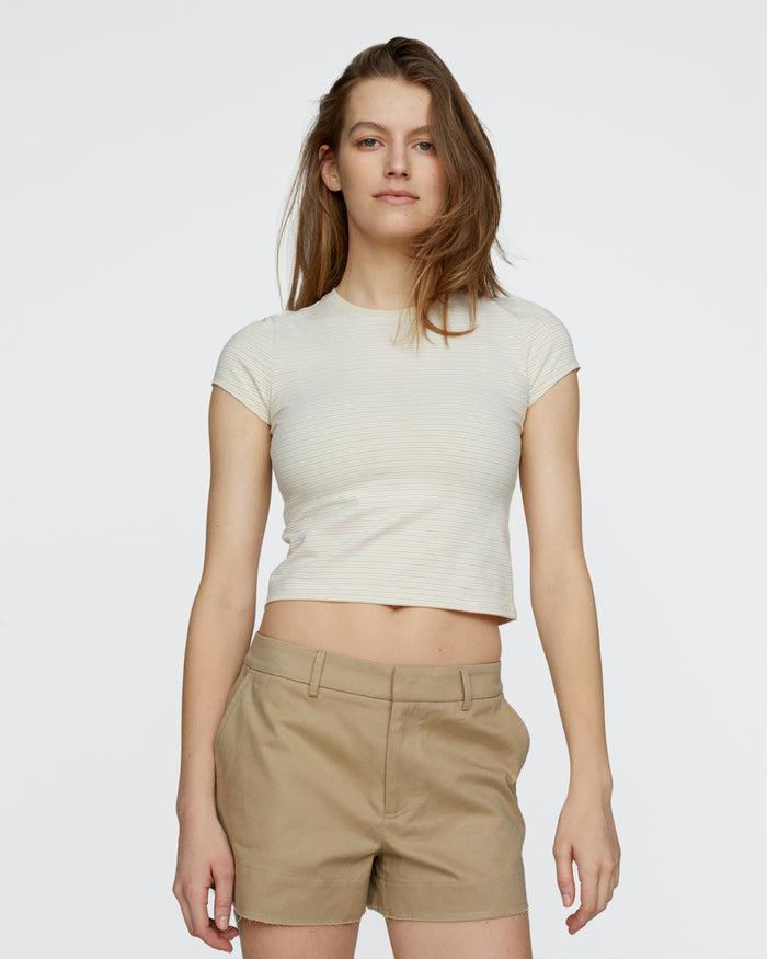 Striped Stretch Cotton Cropped Baby Tee - Macadamia Multi