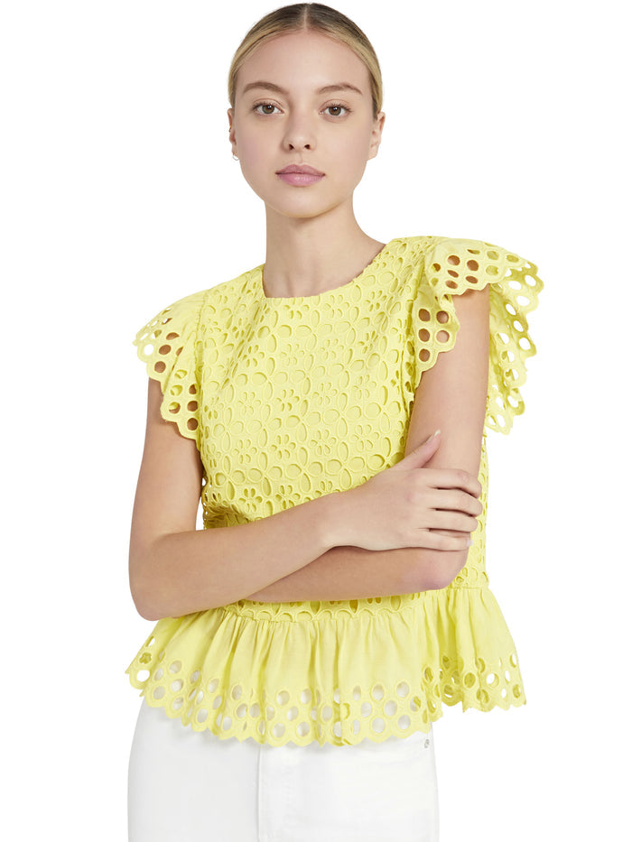 SUE EMBROIDERED RUFFLE SLEEVE TOP - DAFFODIL