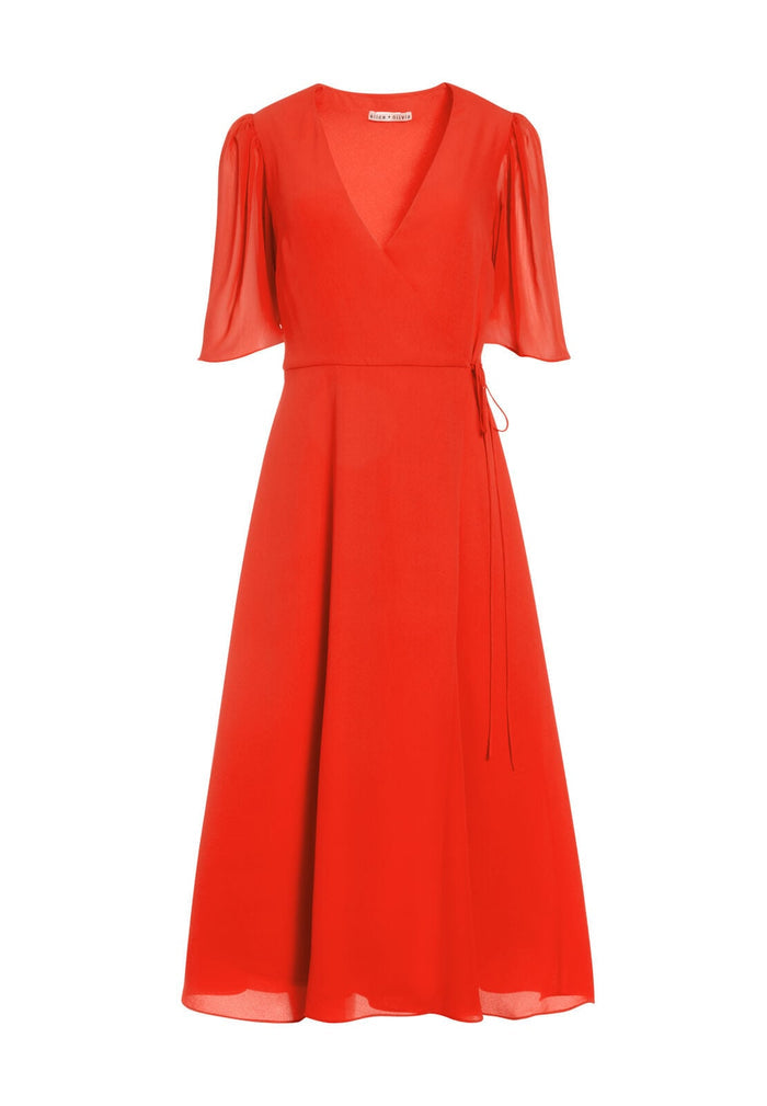 SURI FLUTTER SLEEVE MIDI DRESS - BRIGHT POPPY